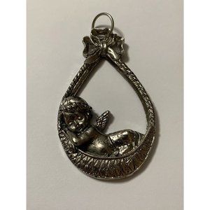 Pewter Teardrop Pendant Ornament Italy Cherub Angel Baby Sleeping Vintage